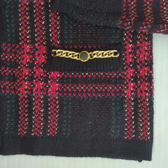 Just for Petites Plaid Chain Link Cardigan Sweater PM Black Red - Picture 13 of 16